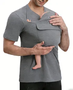 Men kangaroo dad baby carrier t-shirt, casual grey short sleeve top with front pouch.