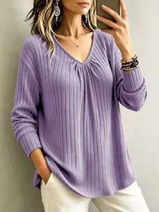 Women casual solid v-neck long sleeve ribbed knit pullover top, loose daily wear.