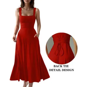 Elegant solid red square neck sleeveless maxi dress featuring pockets and back tie.