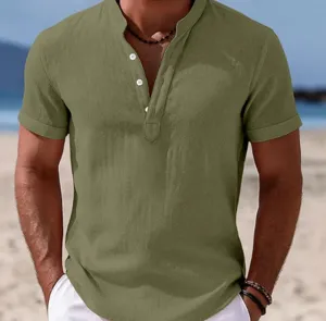 Men solid color short sleeve henley shirt detail view, casual outdoor beachwear apparel