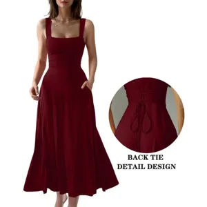 Detailed view of the elegant maroon maxi dress highlighting the exquisite back tie design.