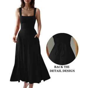Black square neck sleeveless maxi dress featuring a side pocket and back tie detail design.