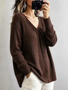 Detail view of the casual brown long sleeve ribbed V-neck knit sweater, cozy daily outfit style.