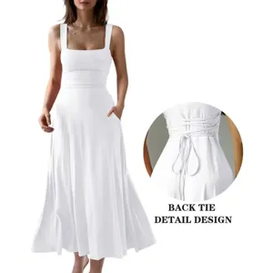 Close-up detail view of the elegant square neck white long dress back tie design style.