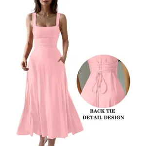 Elegant solid pink cami maxi dress featuring square neckline, waist tie, and handy side pockets.