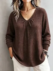 Detail view of the brown ribbed V-neck long sleeve casual women top showcasing soft texture.