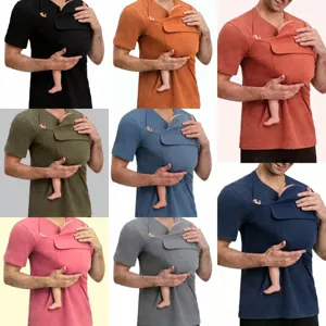 Men Kangaroo Dad T-Shirt Multi-Functional Baby Carrier Pocket Top Short Sleeve V-Neck Casual Knitted Men Shirt