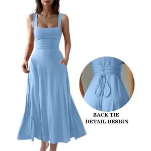Detailed view of the elegant summer sleeveless square neck solid color maxi dress with back tie.