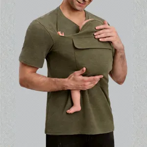 Men kangaroo dad short sleeve t-shirt multi-function baby carrier pocket casual tee top