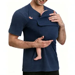 Mens kangaroo baby wearing t-shirt short sleeve dad shirt with front pouch for infant carrying