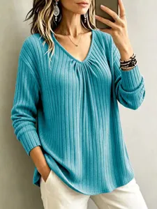 Women Long Sleeve V-Neck Ribbed Casual Loose Solid Color Top Autumn Fashion Apparel