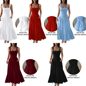 Women's Elegant Square Neck Sleeveless Midi Dress Solid Color Back Tie Waist A-Line Dress with Pockets for Summer Beach Party
