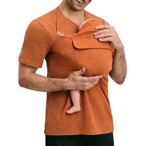 Men kangaroo dad baby carrier t-shirt casual short sleeve top with front pocket.