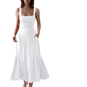 Women's Summer Solid Color Square Neck Sleeveless Pocket Maxi Dress Casual Long Sundress