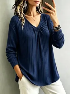 Women casual long sleeve V-neck ribbed knit top solid color loose basic pullover sweater