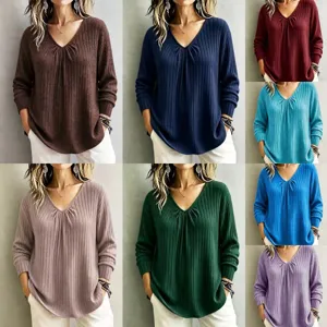 Women Casual V Neck Long Sleeve Ribbed Knit Top Loose Fit Basic Solid Color T-Shirt Fall Winter Soft Pullover Apparel