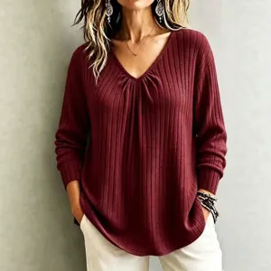 Women long sleeve V-neck knit top casual loose solid color pullover sweater for autumn winter