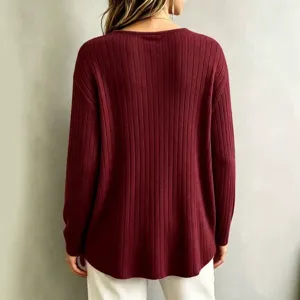 Women casual solid color V-neck long sleeve loose knitted sweater top for autumn winter