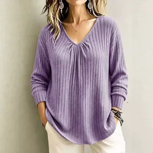 Women casual long sleeve V-neck solid color loose knit pullover sweater top for autumn daily wear