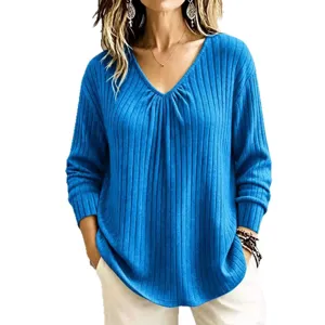Women's casual V-neck long sleeve solid color knit top loose pullover sweater for autumn winter