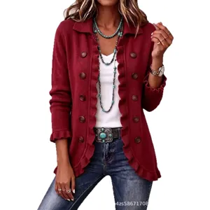 Femme automne hiver decontracte manches longues cardigan boutons volants pull top chic