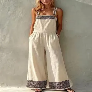 Detail view of the ethnic geometric embroidered linen blend wide leg overalls jumpsuit.