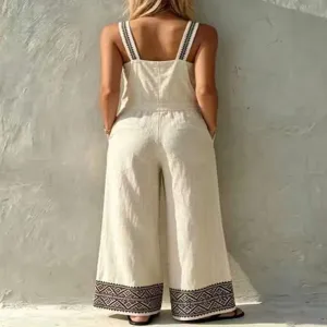 Ethnic geometric embroidered overall jumpsuit linen blend wide leg resort wear pocket detail