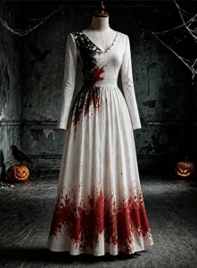 Halloween gothic long sleeve v-neck long dress women retro gradient blood print party gown