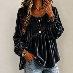 Women velvet long sleeve blouse scoop neck casual loose pleated solid color fall top