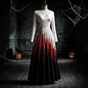 Halloween Women Vintage Elegant V-Neck Long Sleeve Maxi Dress Gradient Print Retro Gothic Party Dress Festival Apparel Polyester Long Dress