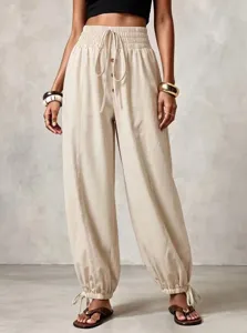Damen hohe Taille Kordelzug Freizeithose slim fit einfarbige Hosen Fruehling Sommer