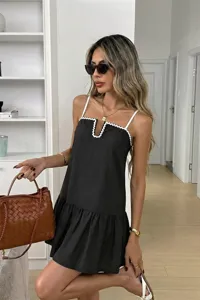 Women black spaghetti strap dress summer elegant wave trim casual sleeveless mini dress new