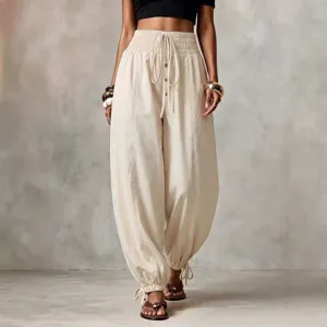 Damen Sommer Freizeithose mit hohem Bund, Kordelzug und elastischen Bündchen.