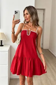 Elegant red slip dress with white wave trim detail, perfect for summer casual wear and daily styling.