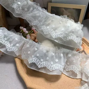8CM Wide White Double Layer Mesh Embroidery Lace Trim For Clothing Sofa Toys DIY Handicraft Decorative Sewing Material Floral Scalloped Lace