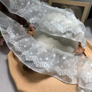 Detailed close-up of 8cm white double layer mesh embroidered lace trim for DIY sewing crafts.