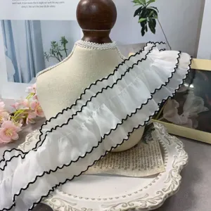 8cm breite doppellagige Chiffon-Plissee-Spitzenborte mit schwarzem Rand für DIY Näh-Basteln