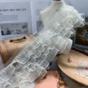 Detail view of 15cm 5-layer pleated mesh lace ruffle trim for princess skirt and doll clothes hem.