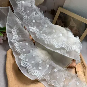 White double layer mesh embroidered lace trim detail, perfect for DIY craft decor.