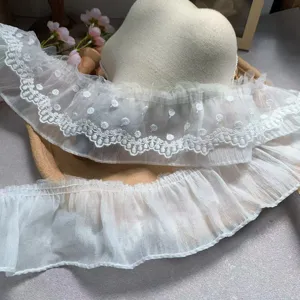 8cm wide white double layer mesh embroidered lace ruffle trim for DIY sewing crafts apparel.