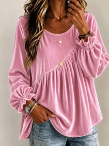 Women's pink velvet crew neck long sleeve loose irregular pleated top for autumn winter style.