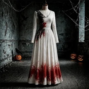 Halloween women long sleeve V-neck A-line dress gothic party vintage gradient print gown