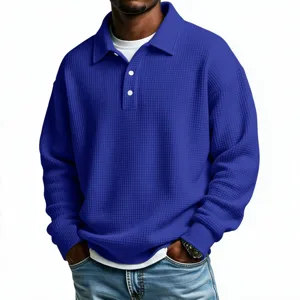 Men's waffle knit long sleeve polo shirt, American casual solid color top detail view.