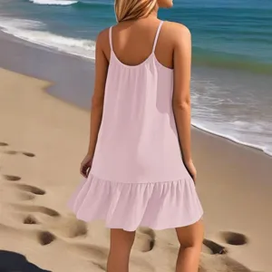 Casual roze strand jurk met volants, mouwloos A-lijn ontwerp voor de zomerse vakantie stijl.