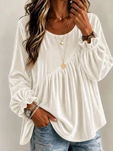 Solid color long sleeve loose irregular pleated blouse for women casual elegant top detail view