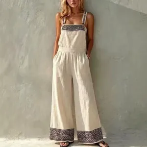 Boho tribal embroidered linen jumpsuit casual wide leg sleeveless overalls with pockets main view