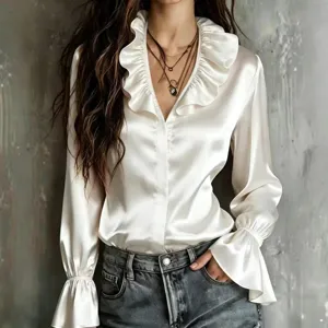 Elegant women satin blouse with ruffled V-neck and trumpet sleeves for chic daily wear.