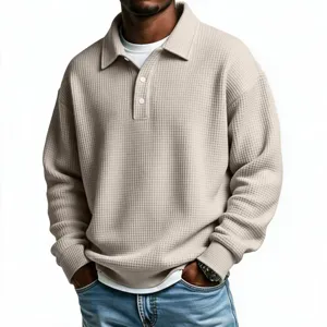 Men's waffle knit long sleeve polo shirt, casual solid color button-down top for autumn winter.