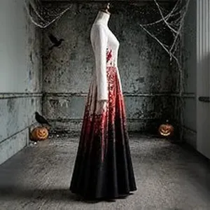 Halloween long sleeve V-neck A-line dress, elegant gradient print retro party maxi dress.