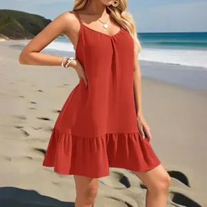 Casual V-hals strandjurk, losse mouwloze A-lijn zomerjurk met ruffles voor dames.